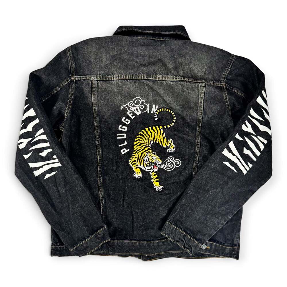 Plugged In Collection Black Denim Trucker Jacket Tiger Embroidery